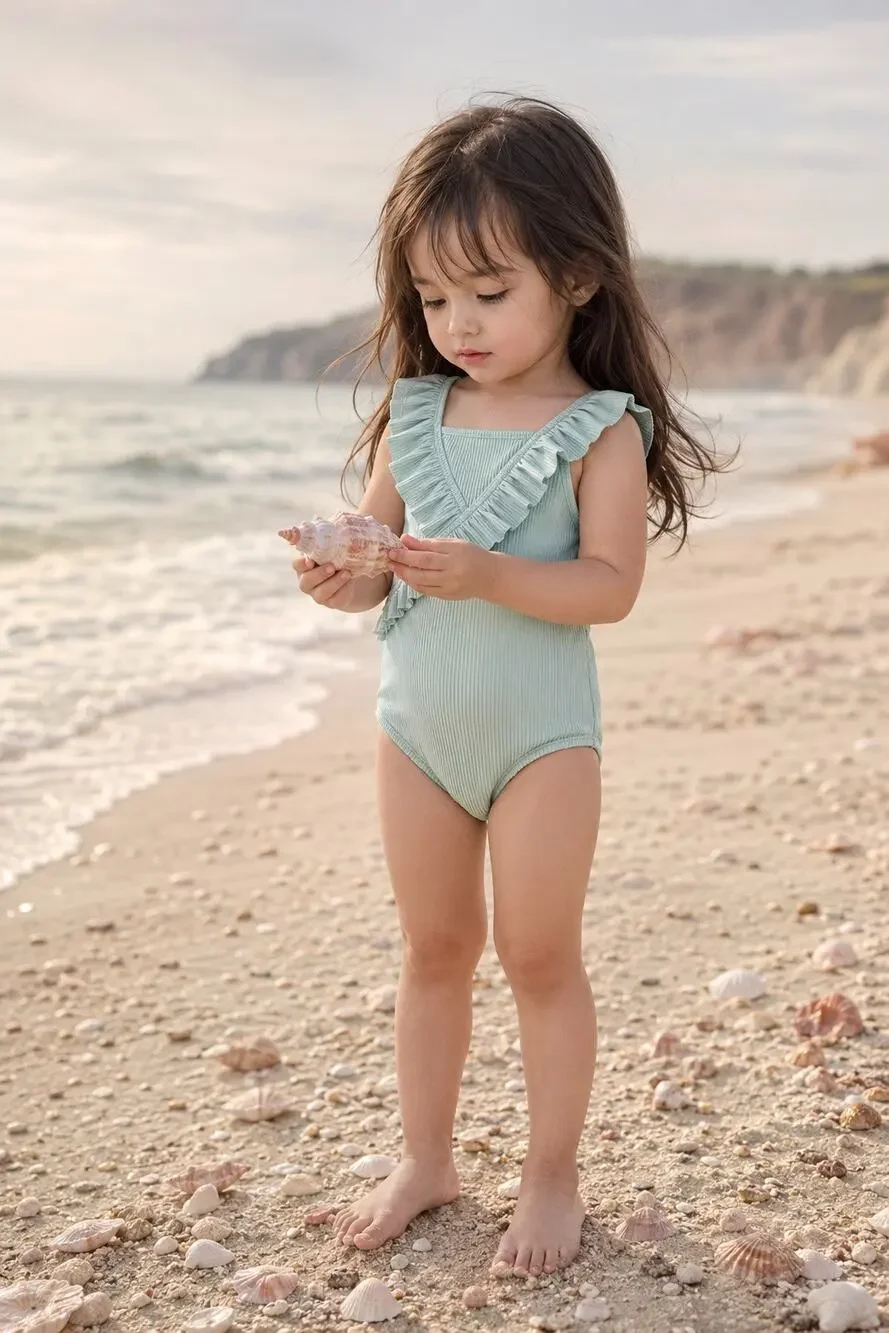 NWT Darling seafoam Fluttery Frill Scoopback Swimsuit 3/4T